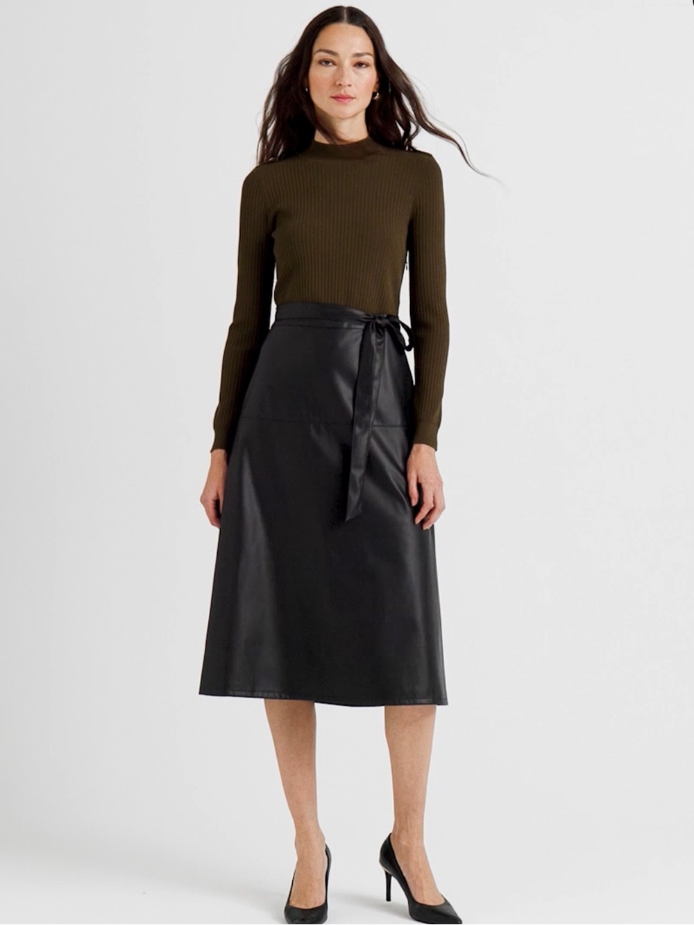NWT White House Black Market Black Long Faux-Leather Belted Dress